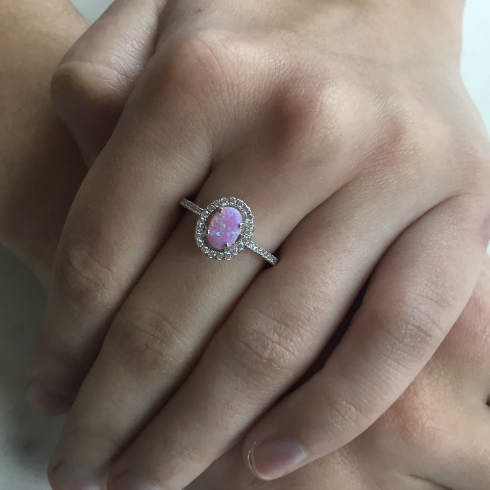 Sterling Pink Lab Opal and Clear CZ Oval Halo Ring - Picture 6 of 16